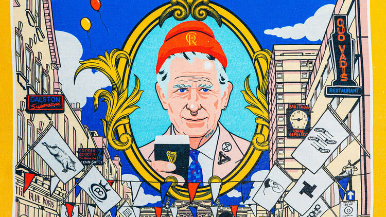 An illustration of King Charles holding a pint of Guinness