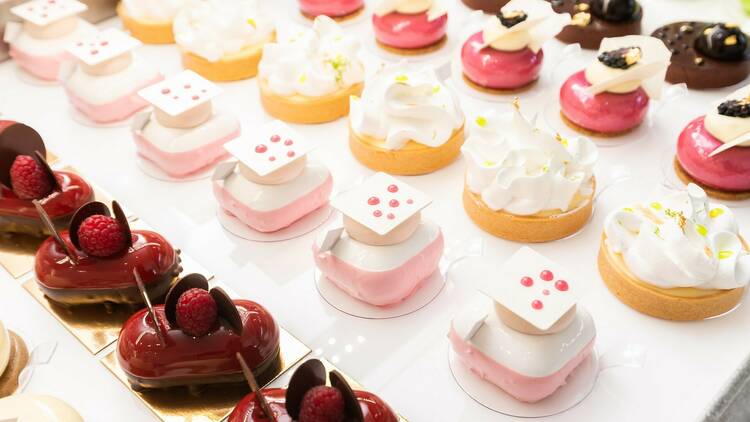 Rows of delicious small cakes