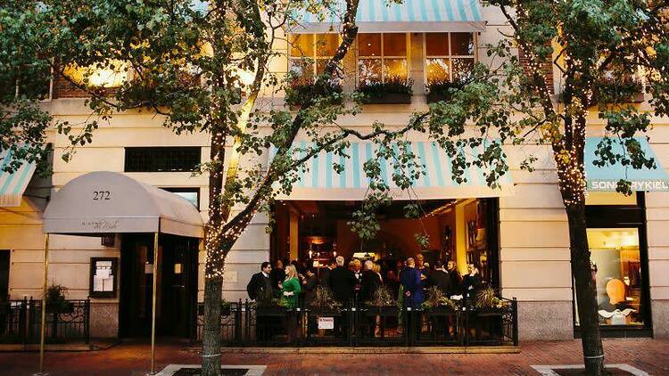 A view into Bistro du Midi from the restaurant's outdoor patio