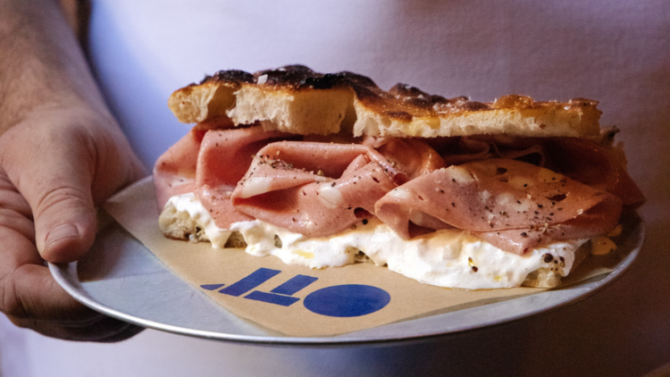 A fresh Italian sandwich with mortadella