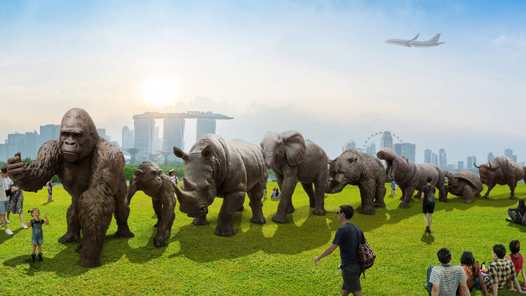 A row of endangered animal sculptures
