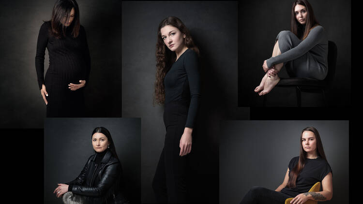 A collage of five women wearing black