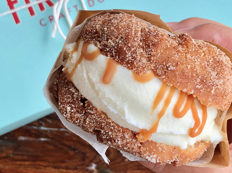 Donut ice cream sandwich at Firecakes Donuts