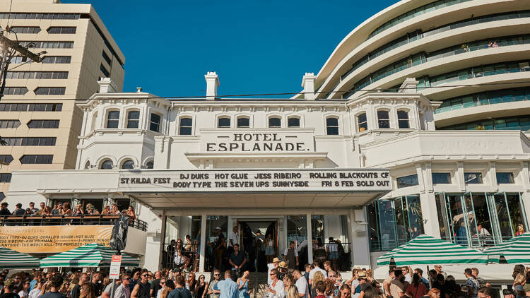 Hotel Esplanade with people out the front and blue skies in the background.