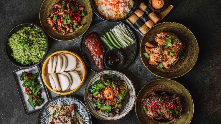 Asian food on a table, shot from above.