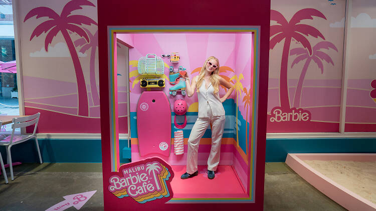 Inside a big Barbie box at The Malibu Barbie Café