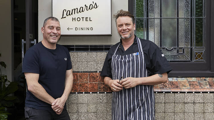 Chefs standing in front of Lamar's Hotel gastropub.