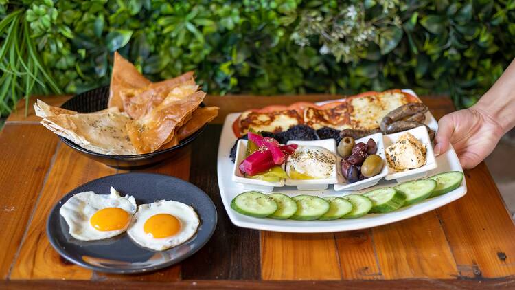A big Mediterranean-style breakfast spread.