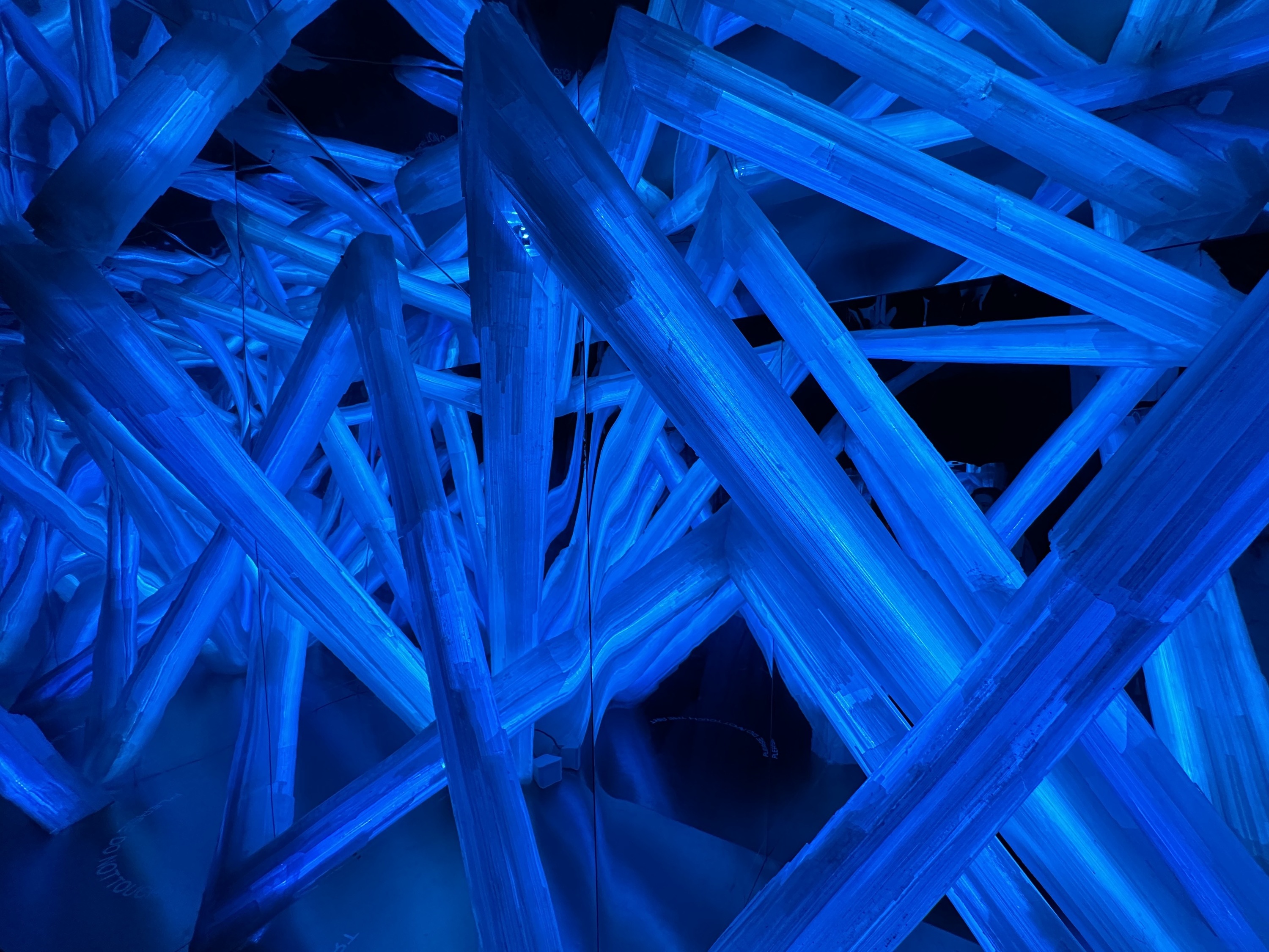 A digital display that looks like blue crystals.