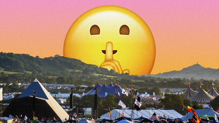 A collage of a festival campsite and a 'quiet' emoji face