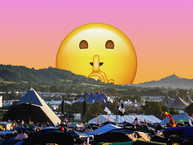 A collage of a festival campsite and a 'quiet' emoji face