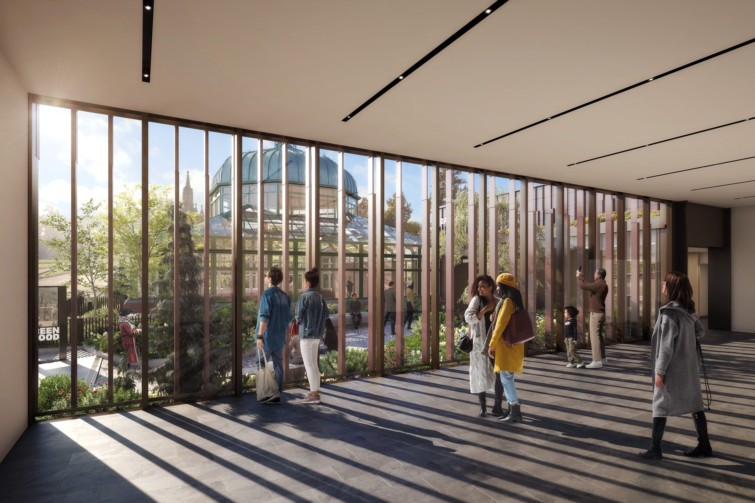 A rendering inside the new Green-Wood Cemetery Welcome Center