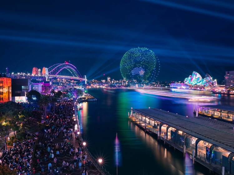 A drone show over Sydney Harbour.