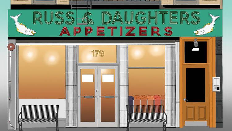 A drawing of the exterior of Russ & Daughters. 