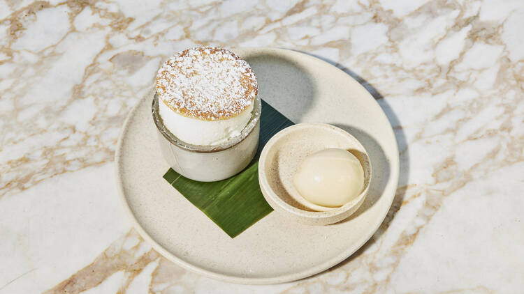 Plate of souffle and icecream. 