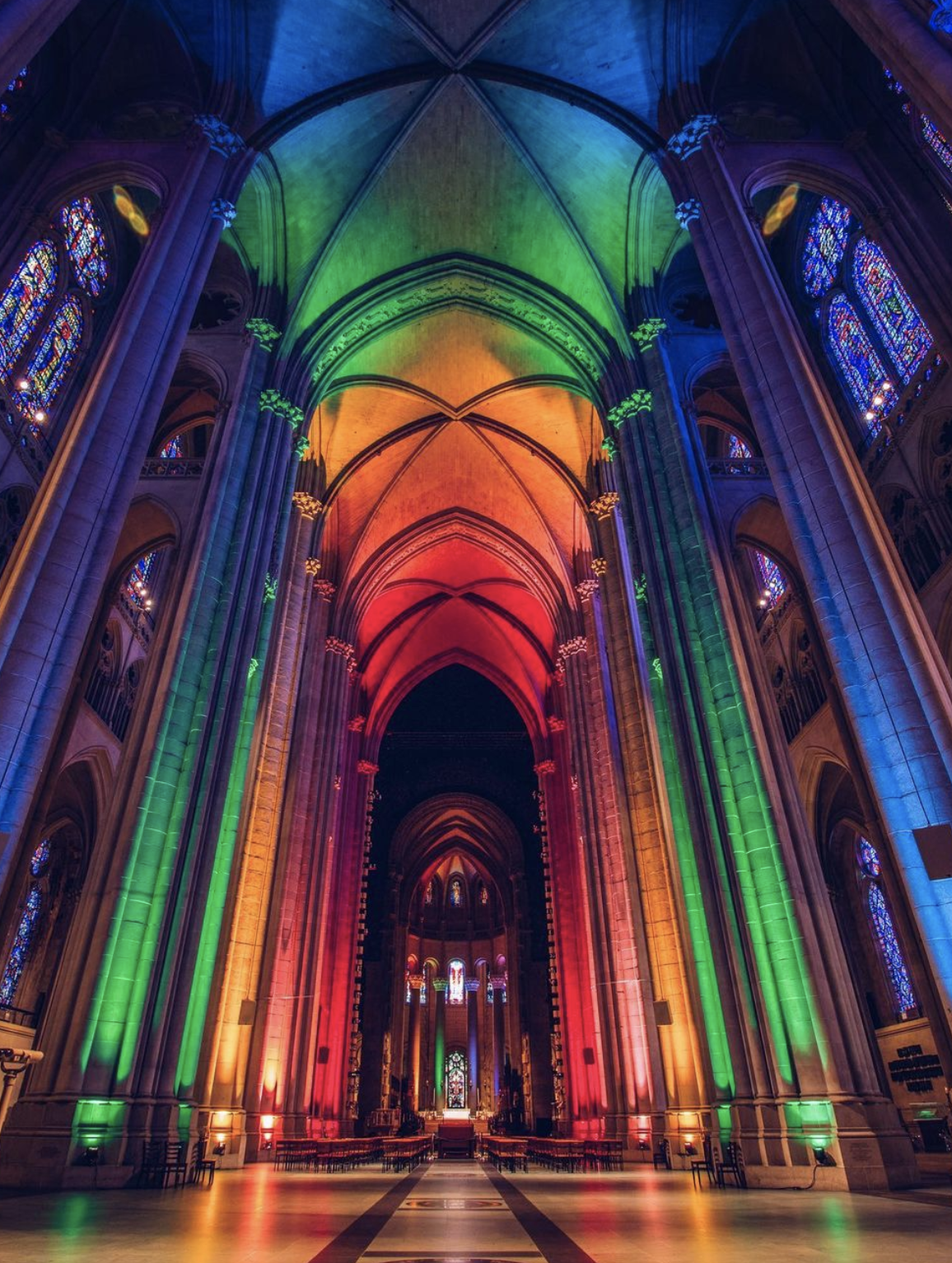 Cathedral of St. John the Divine Lights Up Columns for Pride Month 