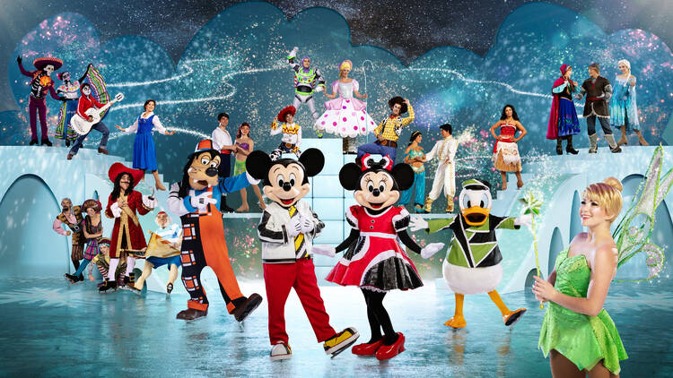 A cast of Disney characters on an ice skatin rink.