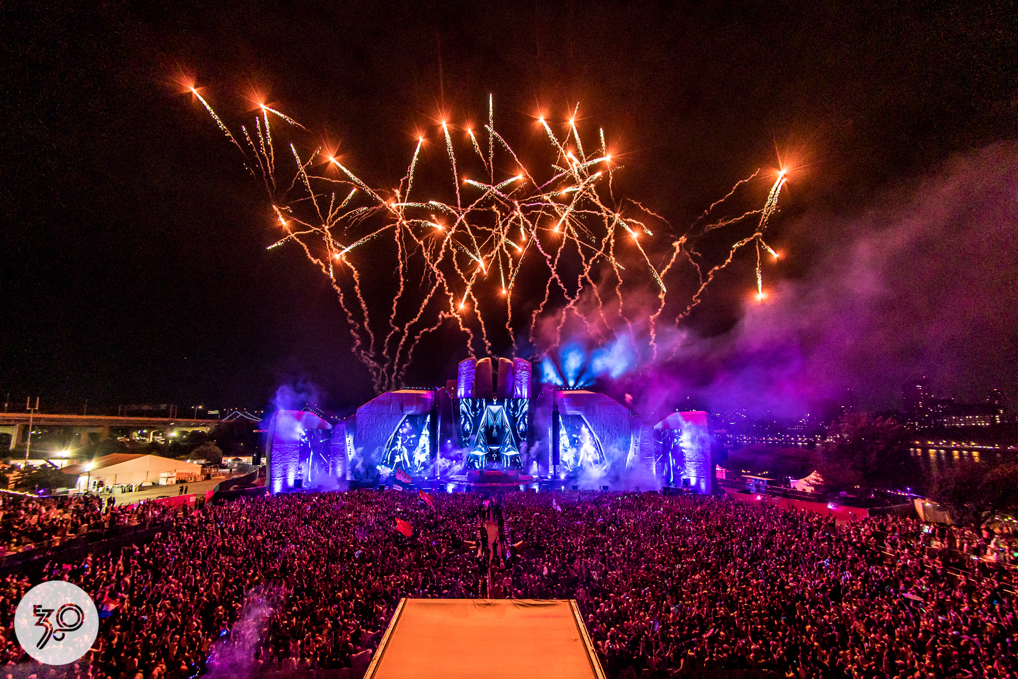 A stage with fireworks at Electric Zoo.