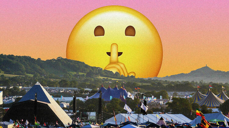 A collage of a festival campsite and a "quiet" emoji face