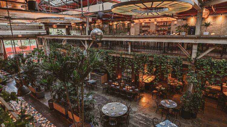 Overhead shot of the Fandi Mata interior tables and bar. 