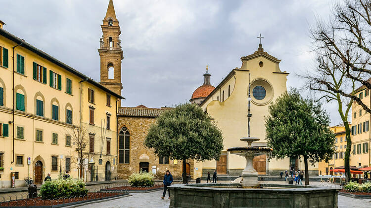 Winter day scene at famous piazza santo spirito at oltrarno district in florence city, Italy