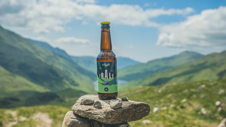 A bottle of beer surrounded by hills 