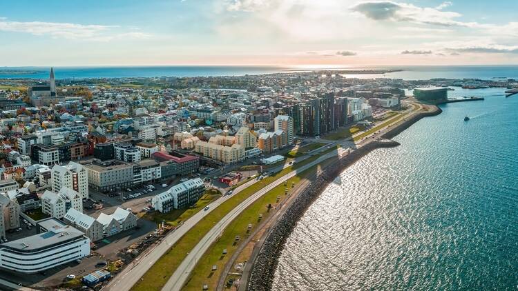 Beautiful aerial view of Reykjavik, Iceland on a sunny summer day