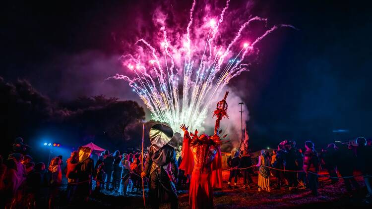 Fireworks explode into the night sky over a group of revellers.