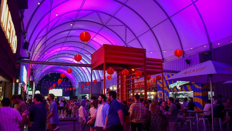 Purple lighting and red lanterns at Grazeland.