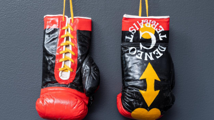 Some boxing gloves painted in the colours of the Australian Aboriginal flag (red, yellow, black).