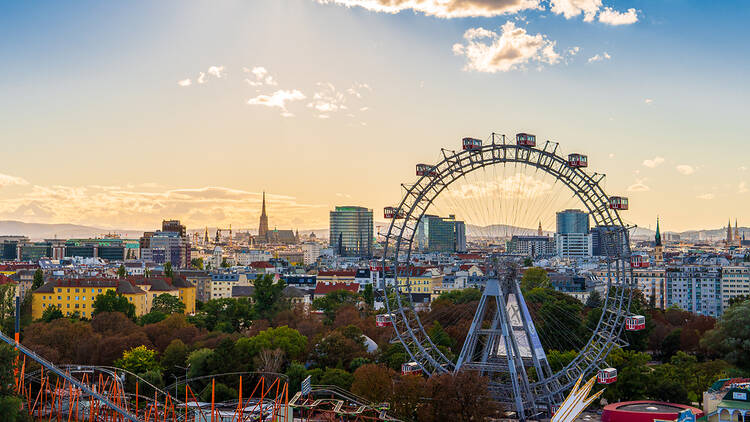 Vienna skyline with Prater amusement park in foreground