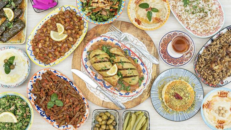Assorted Lebanese dishes.