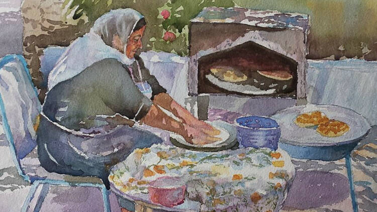 Painting of an old Lebanese grandmother preparing food.