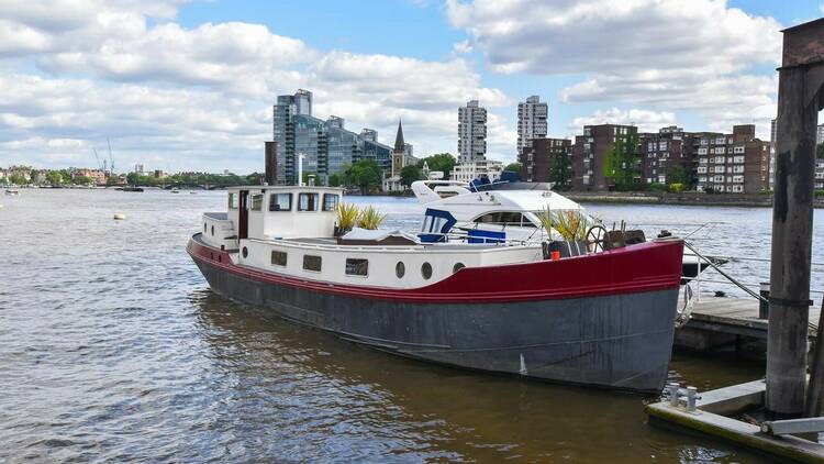 Dutch-style barge for sale in Chelsea Harbour