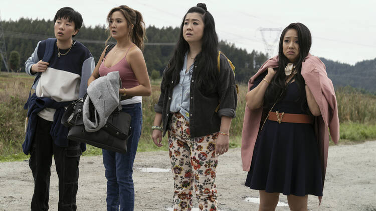 Sabrina Wu as Deadeye, Ashley Park as Audrey, Sherry Cola as Lolo, and Stephanie Hsu as Kat in Joy Ride. Photo Credit: Ed Araquel