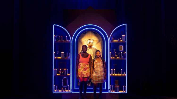 picture of the two leading actors in the production of is god is melbourne theatre company, blue coffin like bed 