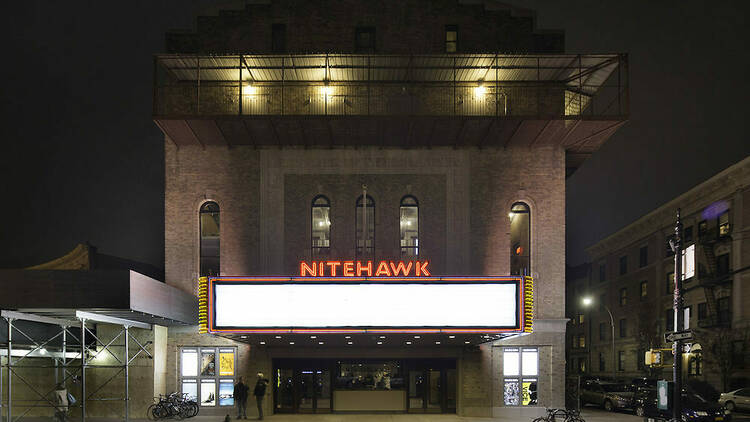 Nighttime exterior of Nitehawk Cinema in Prospect Park.