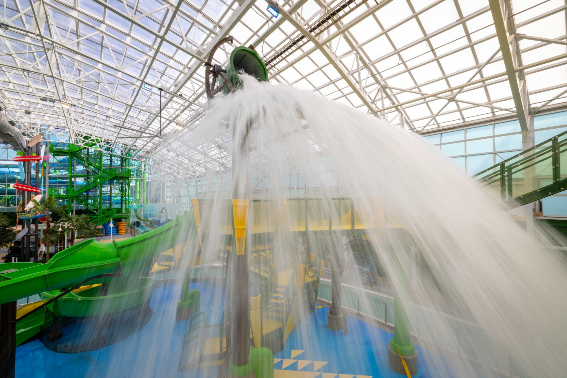 A large bucket of water over turning at ISLAND Waterpark in Atlantic City