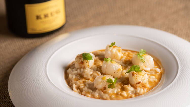 Michelin-starred 8½ Otto e Mezzo Bombana presents scampi risotto with confit Sicilian lemon and scampi jus