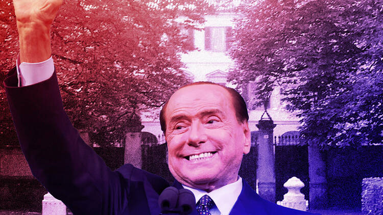 Silvio Berlusconi superimposed over image of his mansion 