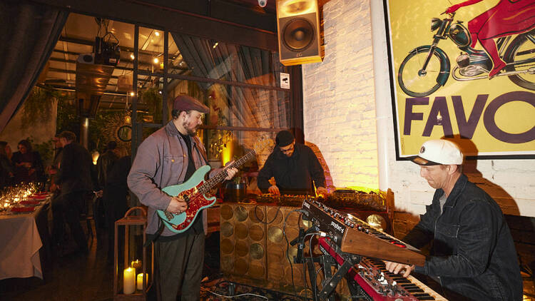 A jazz band playing in a restaurant.