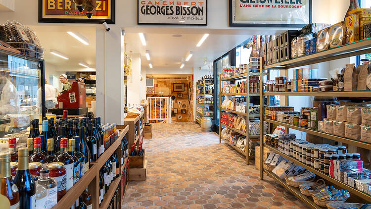 Racks of wines and shelves of products at the Cheese Store of Beverly Hills