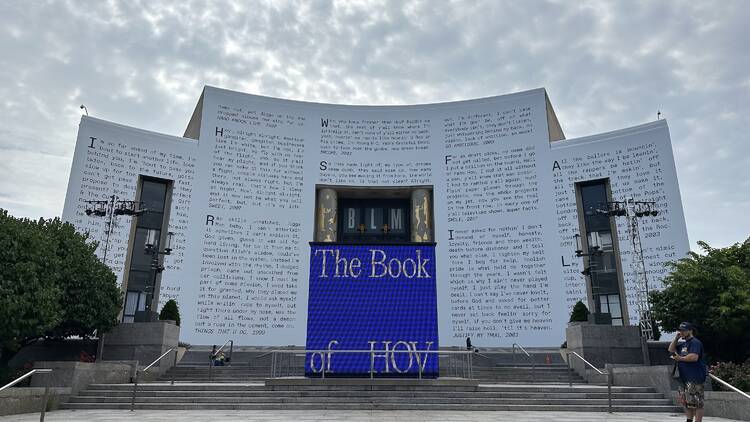 The exterior of Brooklyn's Central Library with Jay-Z lyrics on the front.