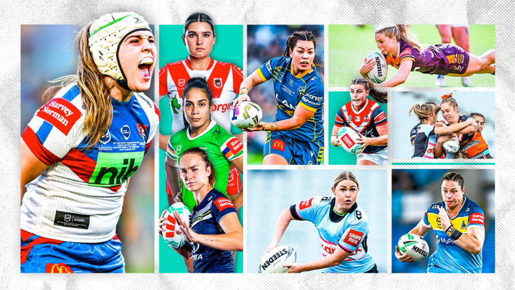 A series of images of female rugby league players in different uniforms.