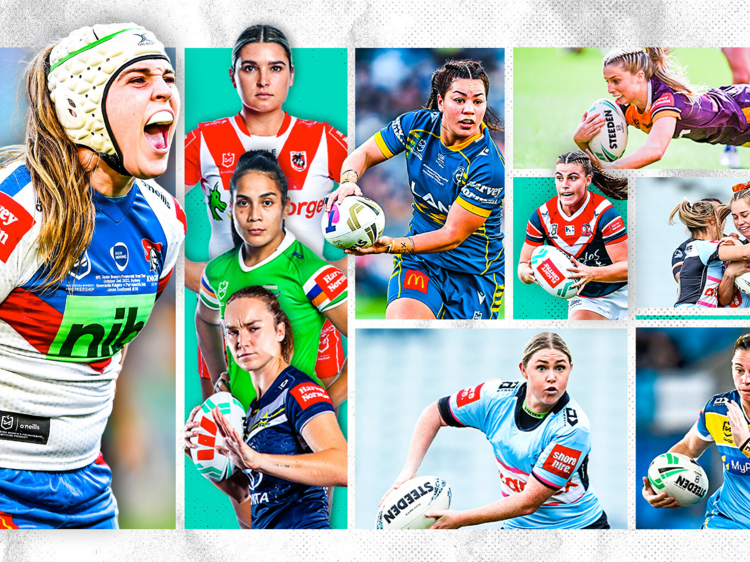 A series of images of female rugby league players in different uniforms.