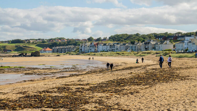 North Berwick. People walking in the shore. Some colorful houses in the background.