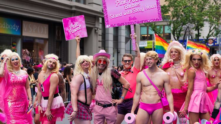 Pride march parade 2023 in New York with people dressed in Barbie pink.