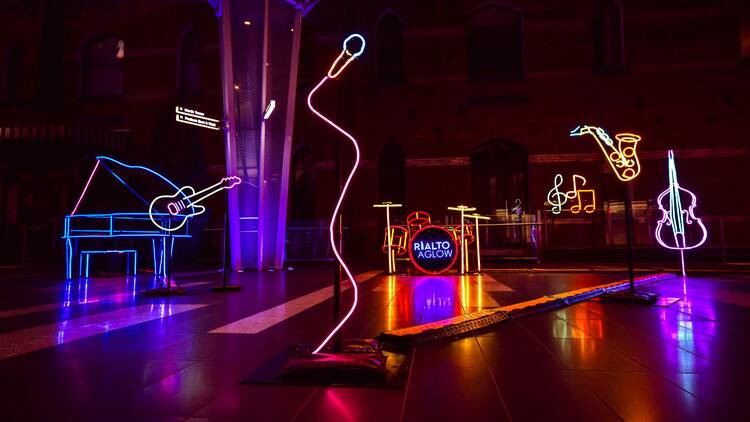 A glowing set of musical instruments.