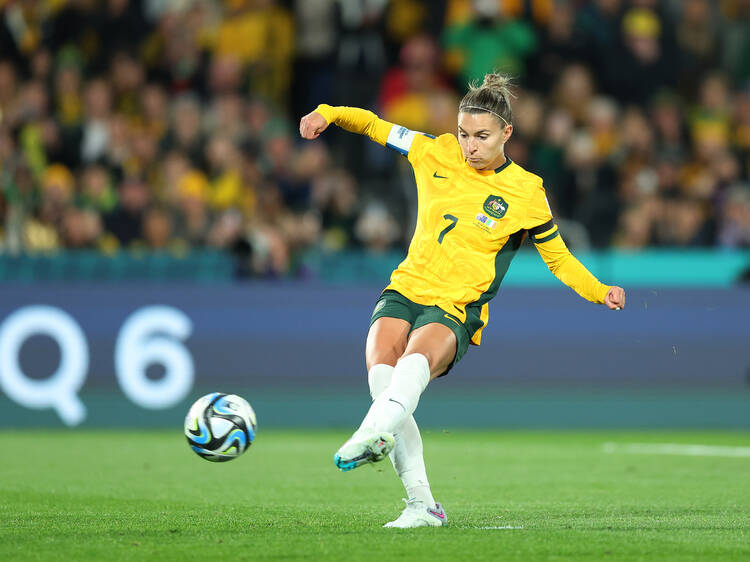 Steph Catley scoring Australia's first goal in the FIFA WWC 2023