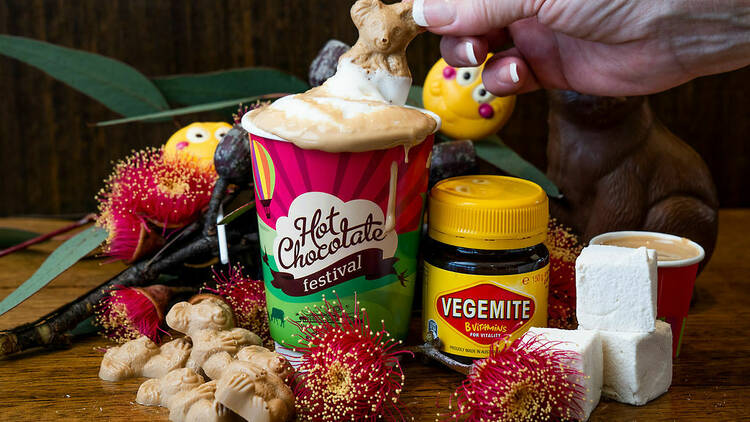 Vegemite-themed hot chocolate with Australian-themed decorations.